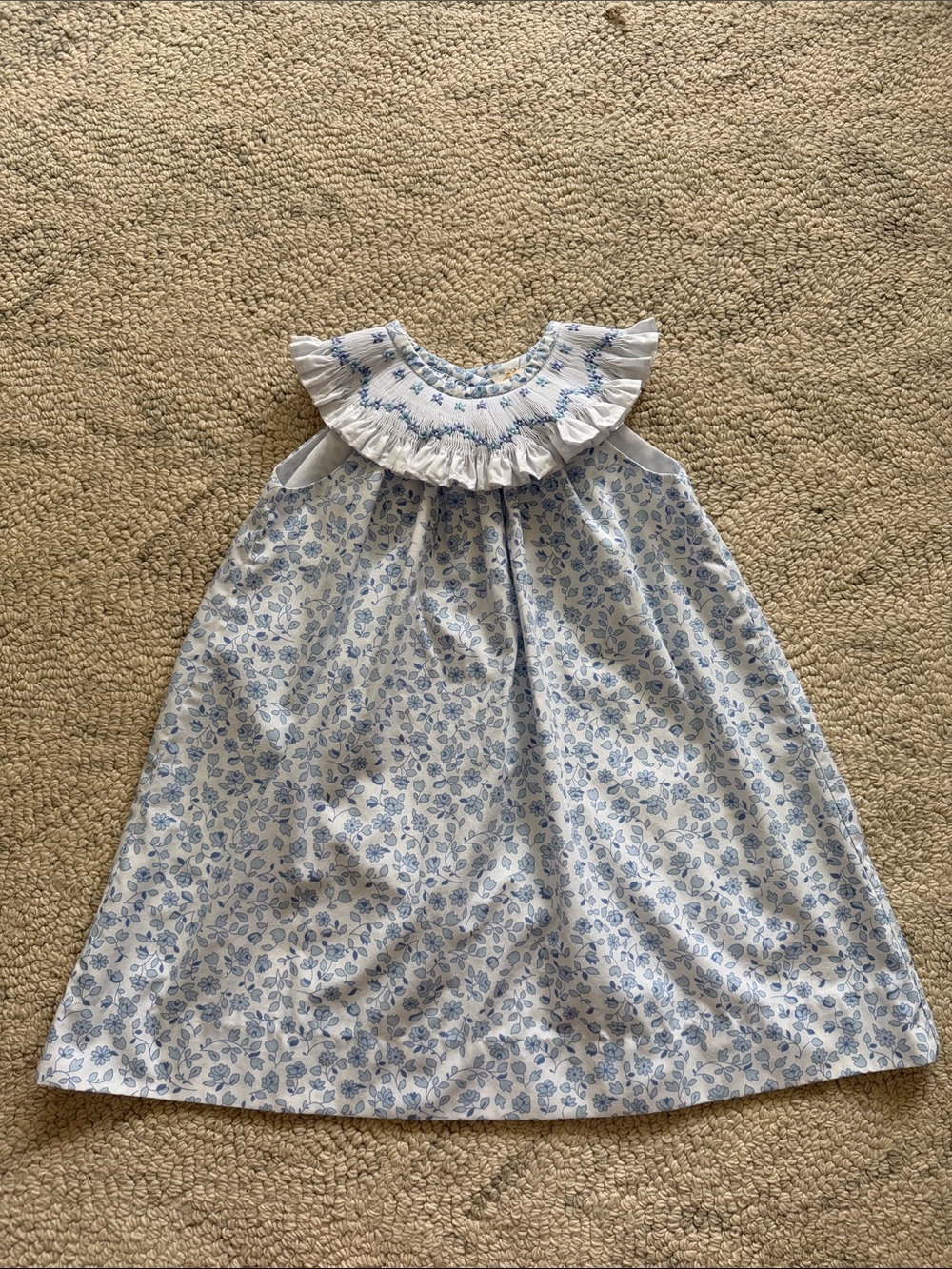 The Beaufort Bonnet Company Blue Floral Smocked Ruffle Neck Girls Dress
